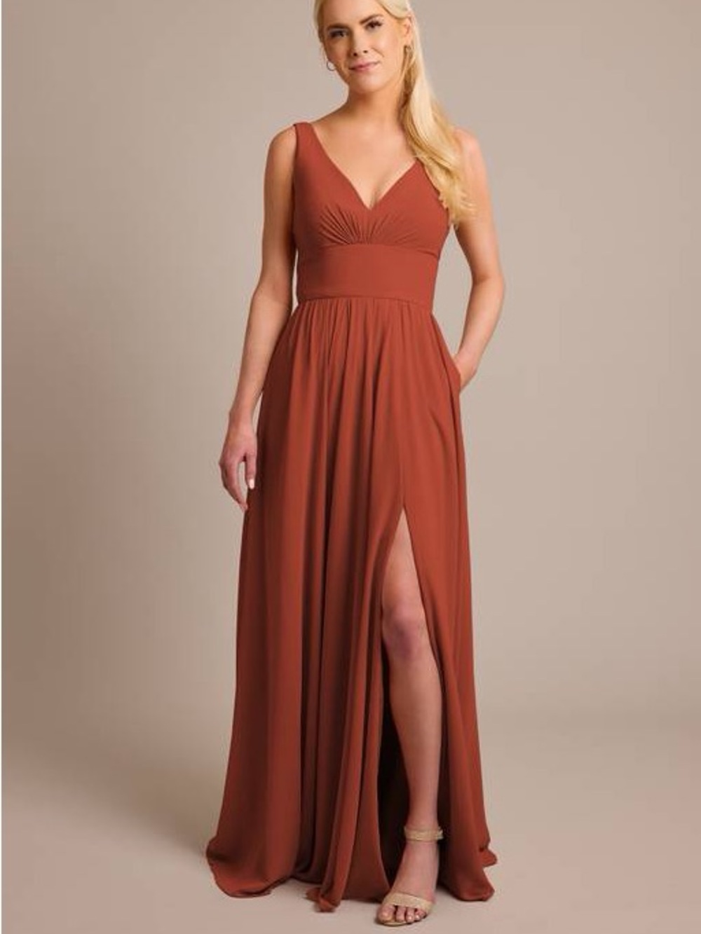 CELEBRATE DB STUDIO Chiffon Tank A-Line Dress with Slit and Pockets. Cinnamon 8